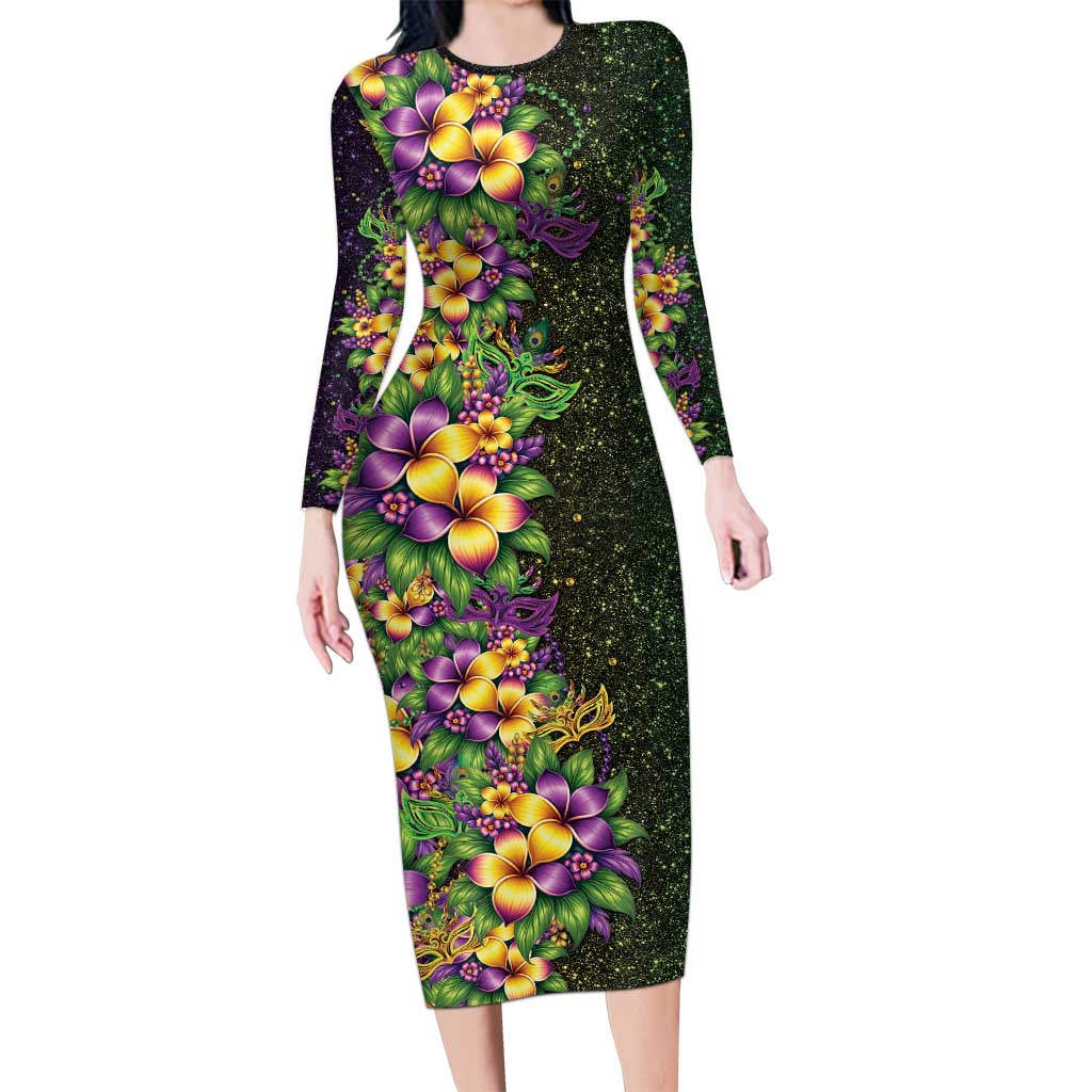 Hawaii Mardi Gras Long Sleeve Bodycon Dress Tropical Flowers Glitter Style LT05 Long Dress Black - Polynesian Pride