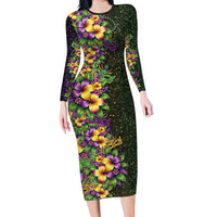Hawaii Mardi Gras Long Sleeve Bodycon Dress Tropical Flowers Glitter Style LT05 Long Dress Black - Polynesian Pride