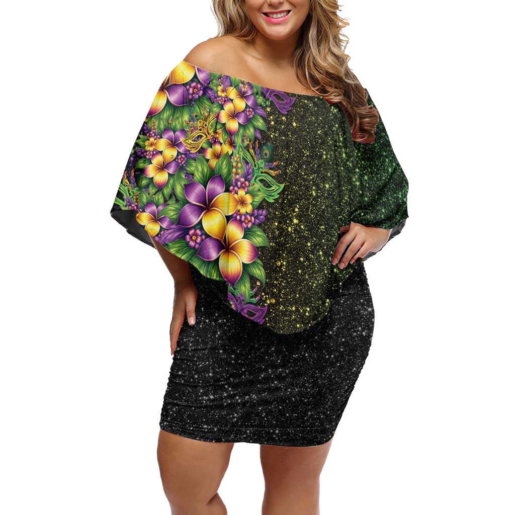 Hawaii Mardi Gras Off Shoulder Short Dress Tropical Flowers Glitter Style LT05 Women Black - Polynesian Pride