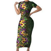 Hawaii Mardi Gras Short Sleeve Bodycon Dress Tropical Flowers Glitter Style