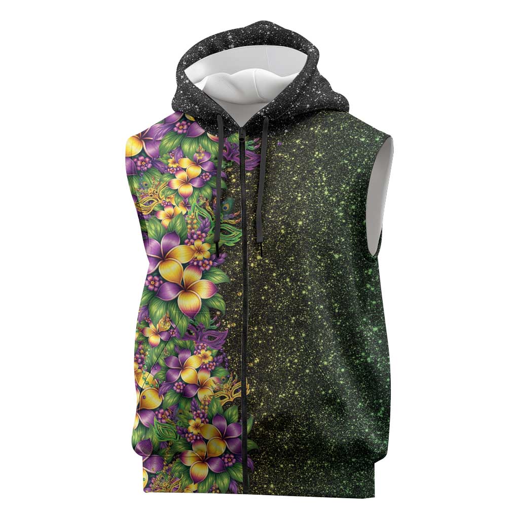 Hawaii Mardi Gras Sleeveless Zip Hoodie Tropical Flowers Glitter Style LT05 Black - Polynesian Pride