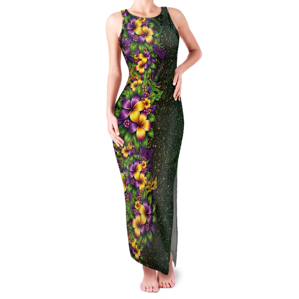 Hawaii Mardi Gras Tank Maxi Dress Tropical Flowers Glitter Style LT05 Women Black - Polynesian Pride