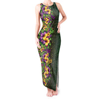 Hawaii Mardi Gras Tank Maxi Dress Tropical Flowers Glitter Style LT05 Women Black - Polynesian Pride
