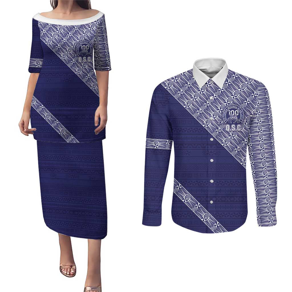 Tonga Queen Salote College Couples Matching Puletasi and Long Sleeve Button Shirt 100 Years Anniversary Navy Color