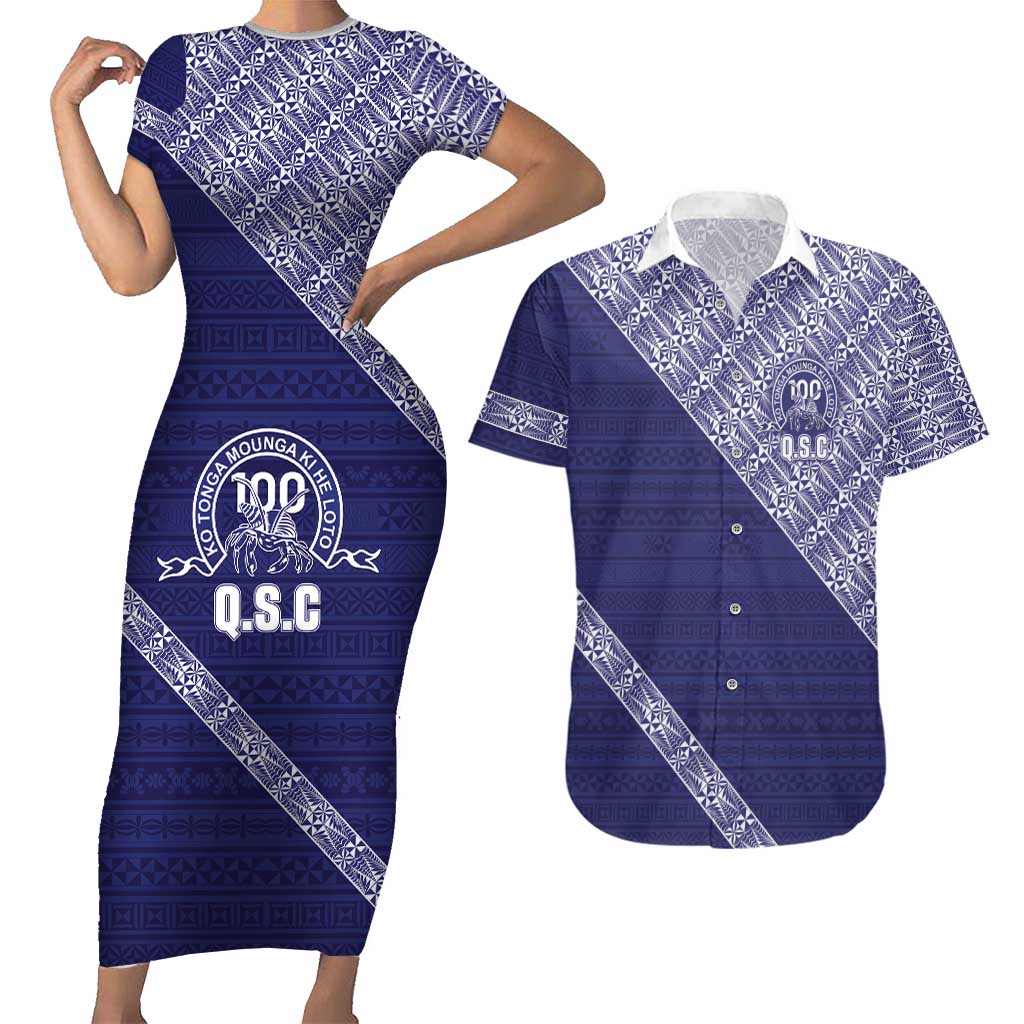 Tonga Queen Salote College Couples Matching Short Sleeve Bodycon Dress and Hawaiian Shirt 100 Years Anniversary Navy Color LT05 Navy - Polynesian Pride