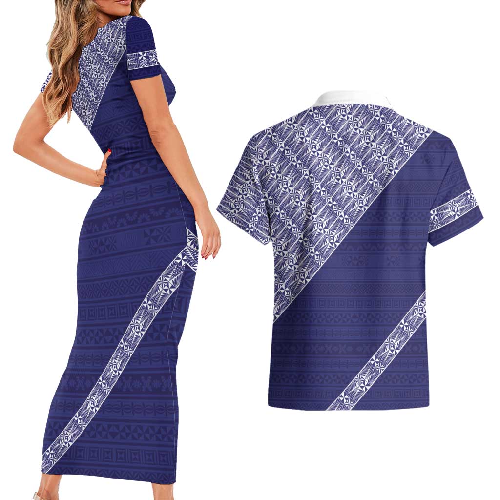 Tonga Queen Salote College Couples Matching Short Sleeve Bodycon Dress and Hawaiian Shirt 100 Years Anniversary Navy Color LT05 - Polynesian Pride