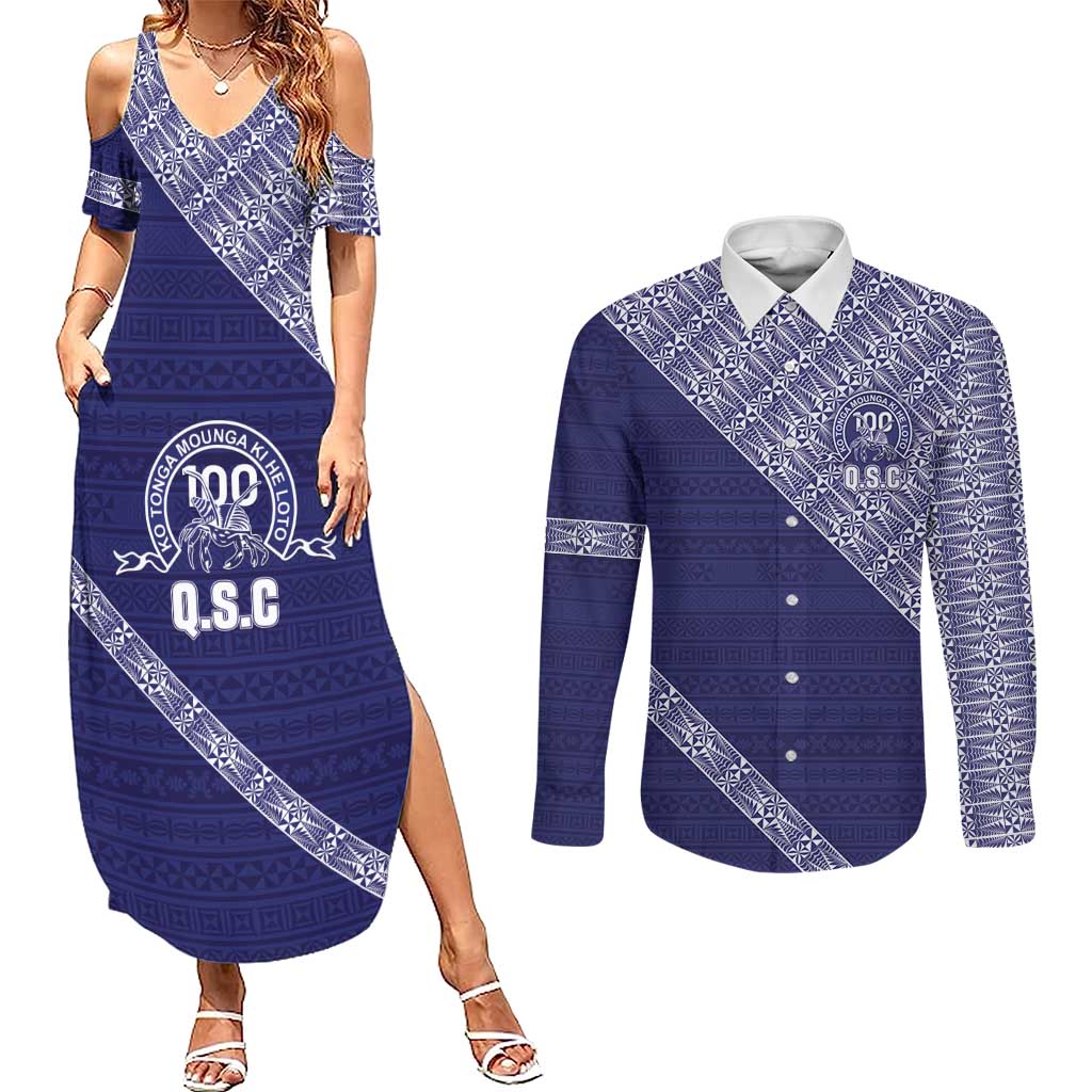 Tonga Queen Salote College Couples Matching Summer Maxi Dress and Long Sleeve Button Shirt 100 Years Anniversary Navy Color