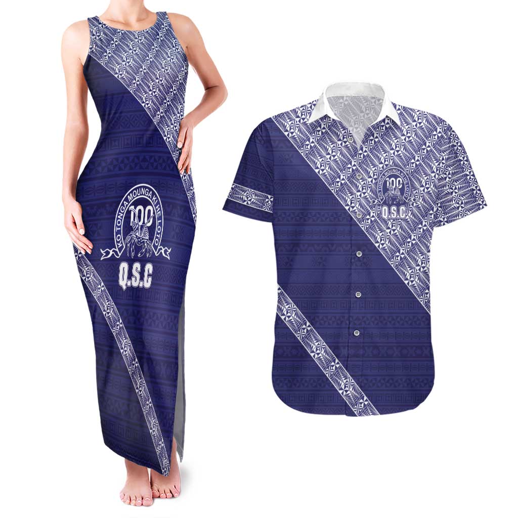 Tonga Queen Salote College Couples Matching Tank Maxi Dress and Hawaiian Shirt 100 Years Anniversary Navy Color