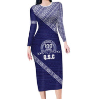 Tonga Queen Salote College Family Matching Long Sleeve Bodycon Dress and Hawaiian Shirt 100 Years Anniversary Navy Color LT05 Mom's Dress Navy - Polynesian Pride