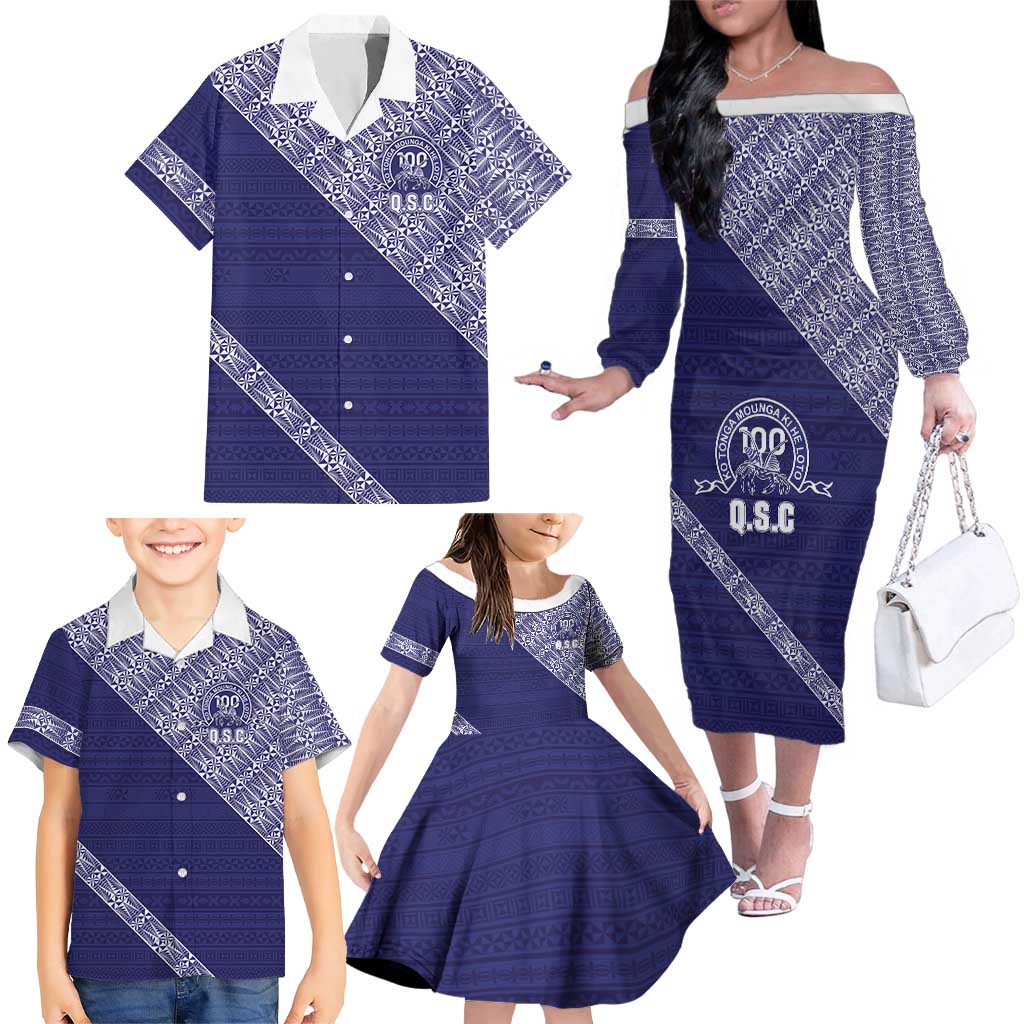 Tonga Queen Salote College Family Matching Off The Shoulder Long Sleeve Dress and Hawaiian Shirt 100 Years Anniversary Navy Color LT05 - Polynesian Pride