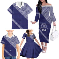 Tonga Queen Salote College Family Matching Off The Shoulder Long Sleeve Dress and Hawaiian Shirt 100 Years Anniversary Navy Color LT05 - Polynesian Pride