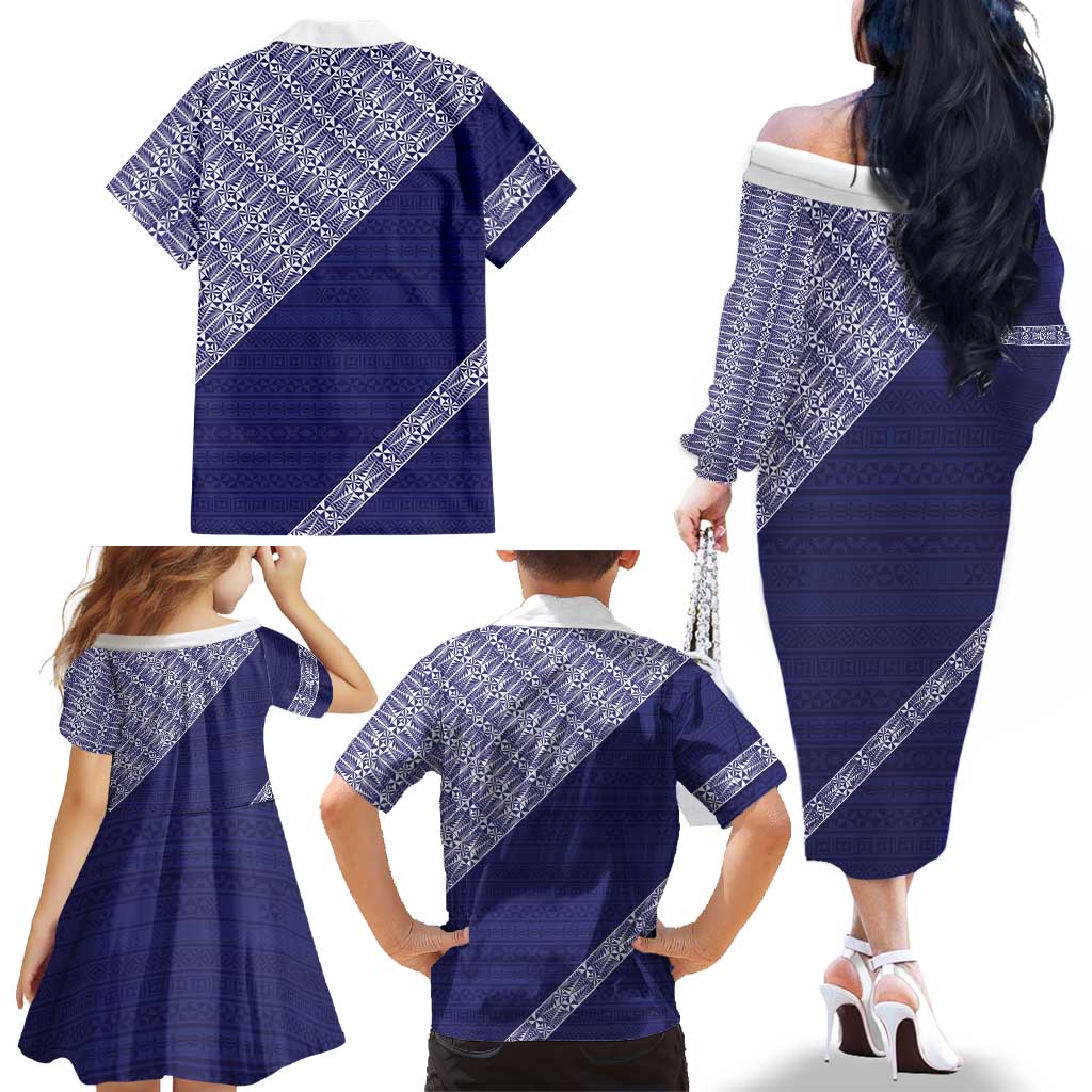 Tonga Queen Salote College Family Matching Off The Shoulder Long Sleeve Dress and Hawaiian Shirt 100 Years Anniversary Navy Color LT05 - Polynesian Pride