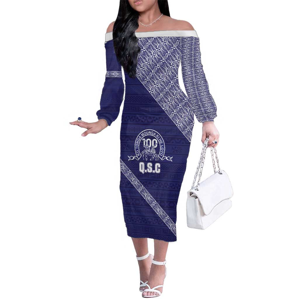 Tonga Queen Salote College Family Matching Off The Shoulder Long Sleeve Dress and Hawaiian Shirt 100 Years Anniversary Navy Color LT05 Mom's Dress Navy - Polynesian Pride