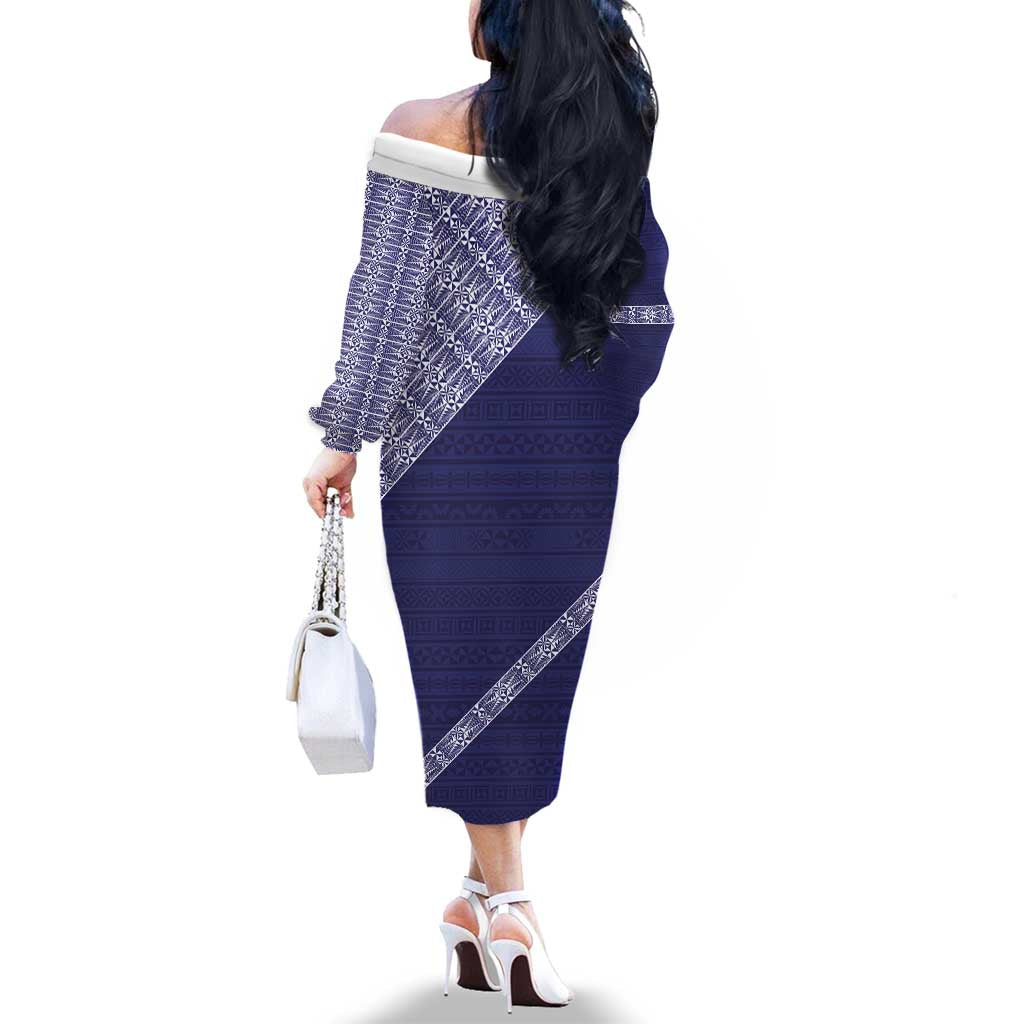 Tonga Queen Salote College Family Matching Off The Shoulder Long Sleeve Dress and Hawaiian Shirt 100 Years Anniversary Navy Color LT05 - Polynesian Pride
