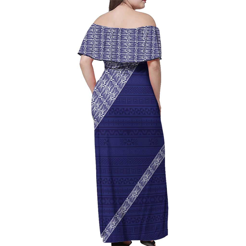 Tonga Queen Salote College Family Matching Off Shoulder Maxi Dress and Hawaiian Shirt 100 Years Anniversary Navy Color