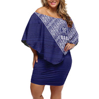 Tonga Queen Salote College Family Matching Off Shoulder Short Dress and Hawaiian Shirt 100 Years Anniversary Navy Color