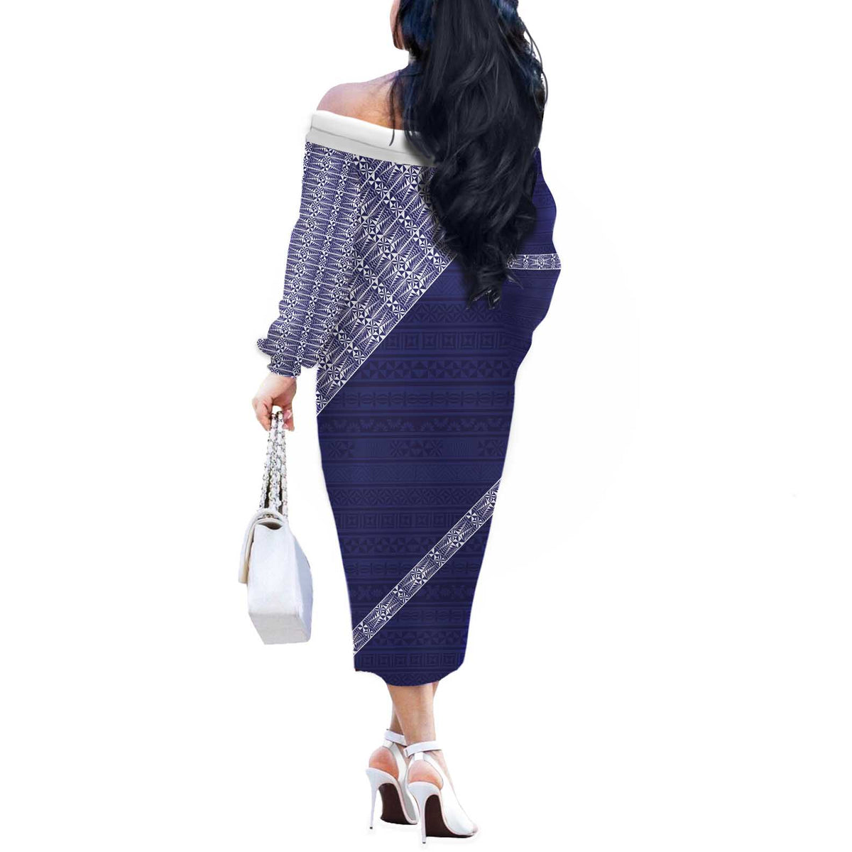 Tonga Queen Salote College Off The Shoulder Long Sleeve Dress 100 Years Anniversary Navy Color