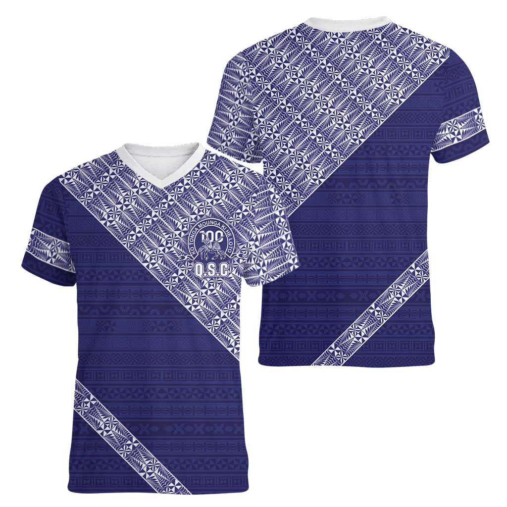 Tonga Queen Salote College Women V-Neck T-Shirt 100 Years Anniversary Navy Color