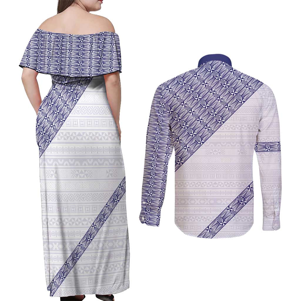 Tonga Queen Salote College Couples Matching Off Shoulder Maxi Dress and Long Sleeve Button Shirt 100 Years Anniversary White Color