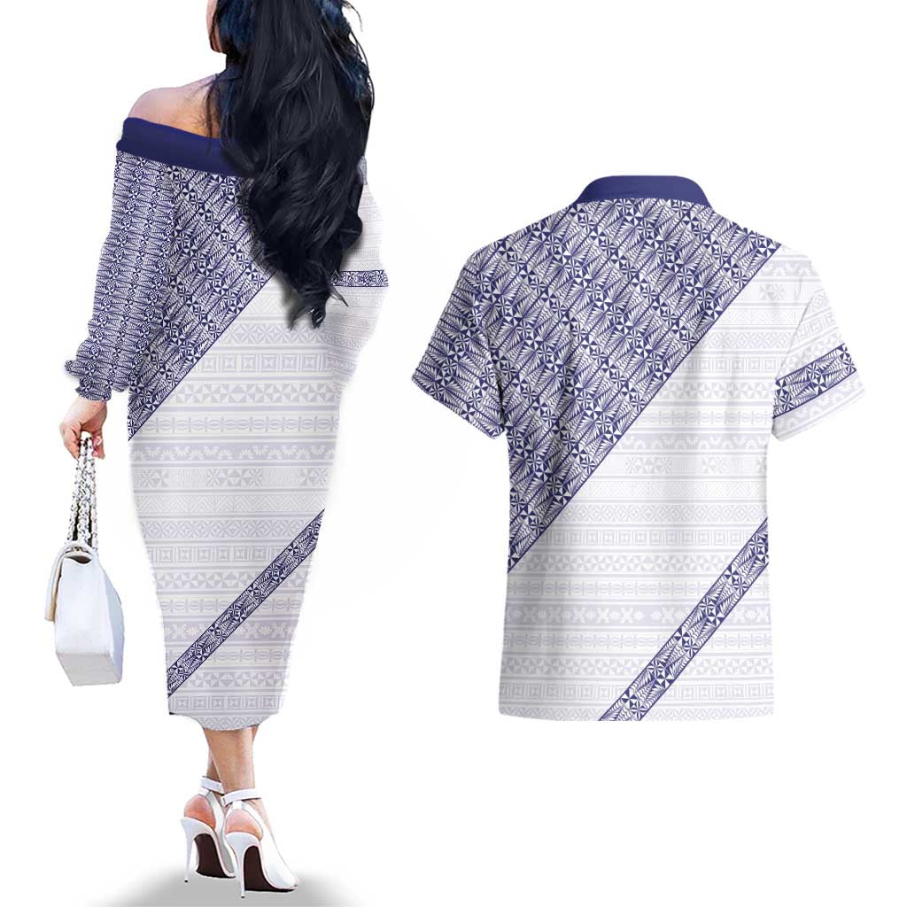 Tonga Queen Salote College Couples Matching Off The Shoulder Long Sleeve Dress and Hawaiian Shirt 100 Years Anniversary White Color