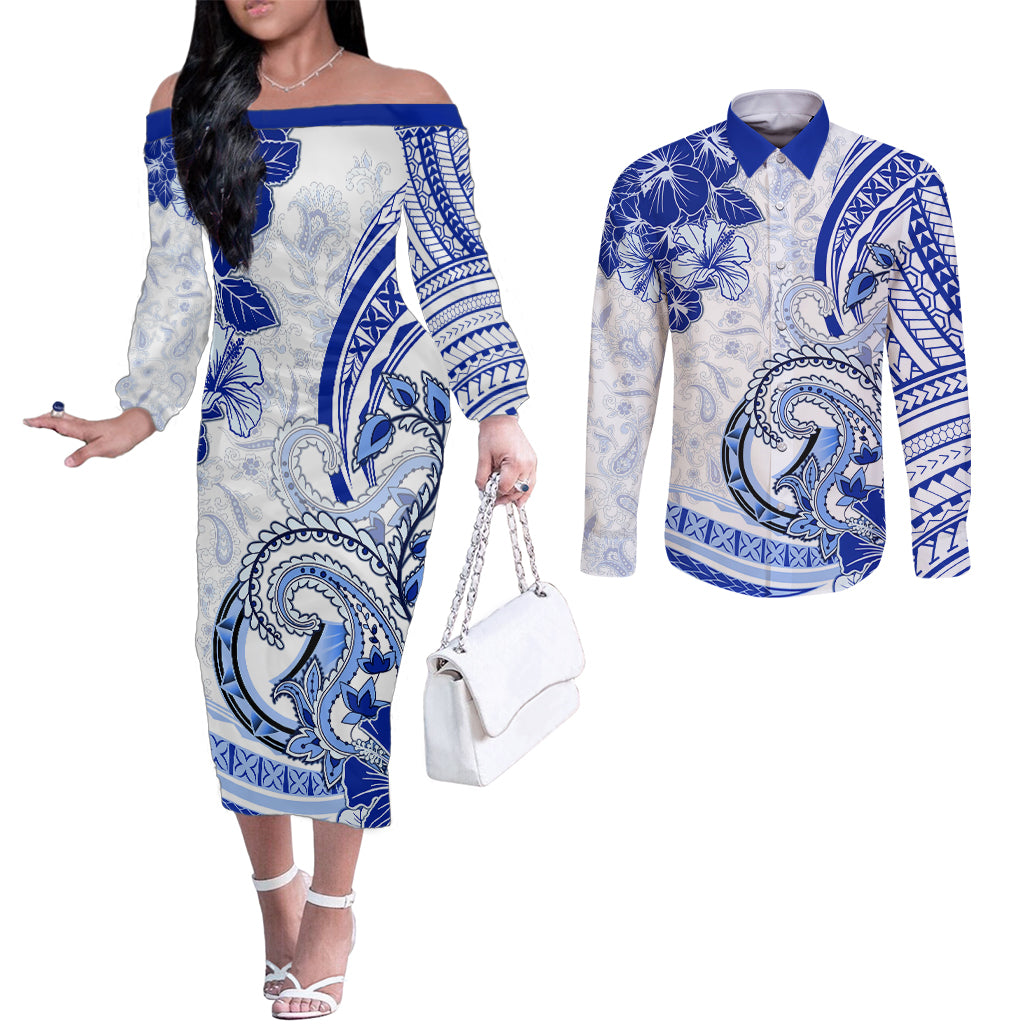 Polynesia Paisley Couples Matching Off The Shoulder Long Sleeve Dress and Long Sleeve Button Shirt Mix Navy Polynesian Pattern LT05 Navy - Polynesian Pride