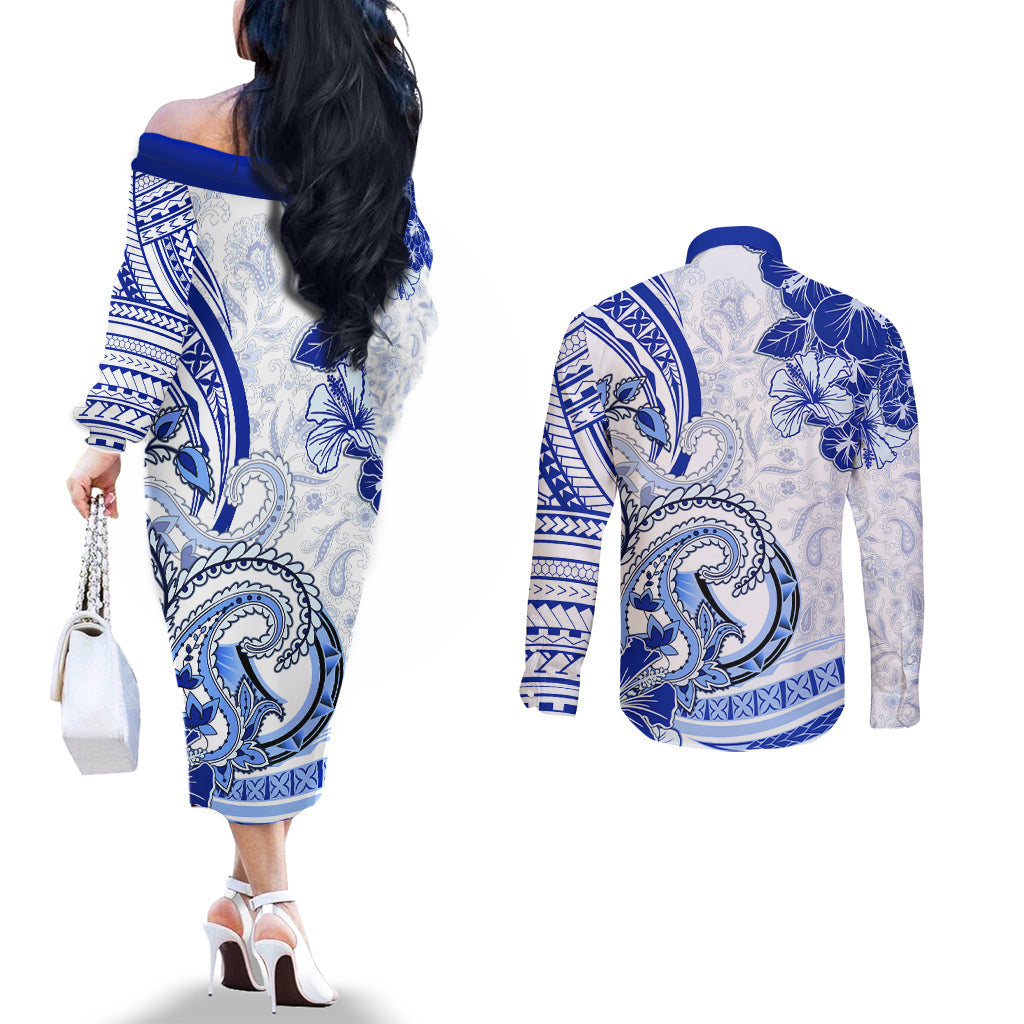 Polynesia Paisley Couples Matching Off The Shoulder Long Sleeve Dress and Long Sleeve Button Shirt Mix Navy Polynesian Pattern LT05 - Polynesian Pride
