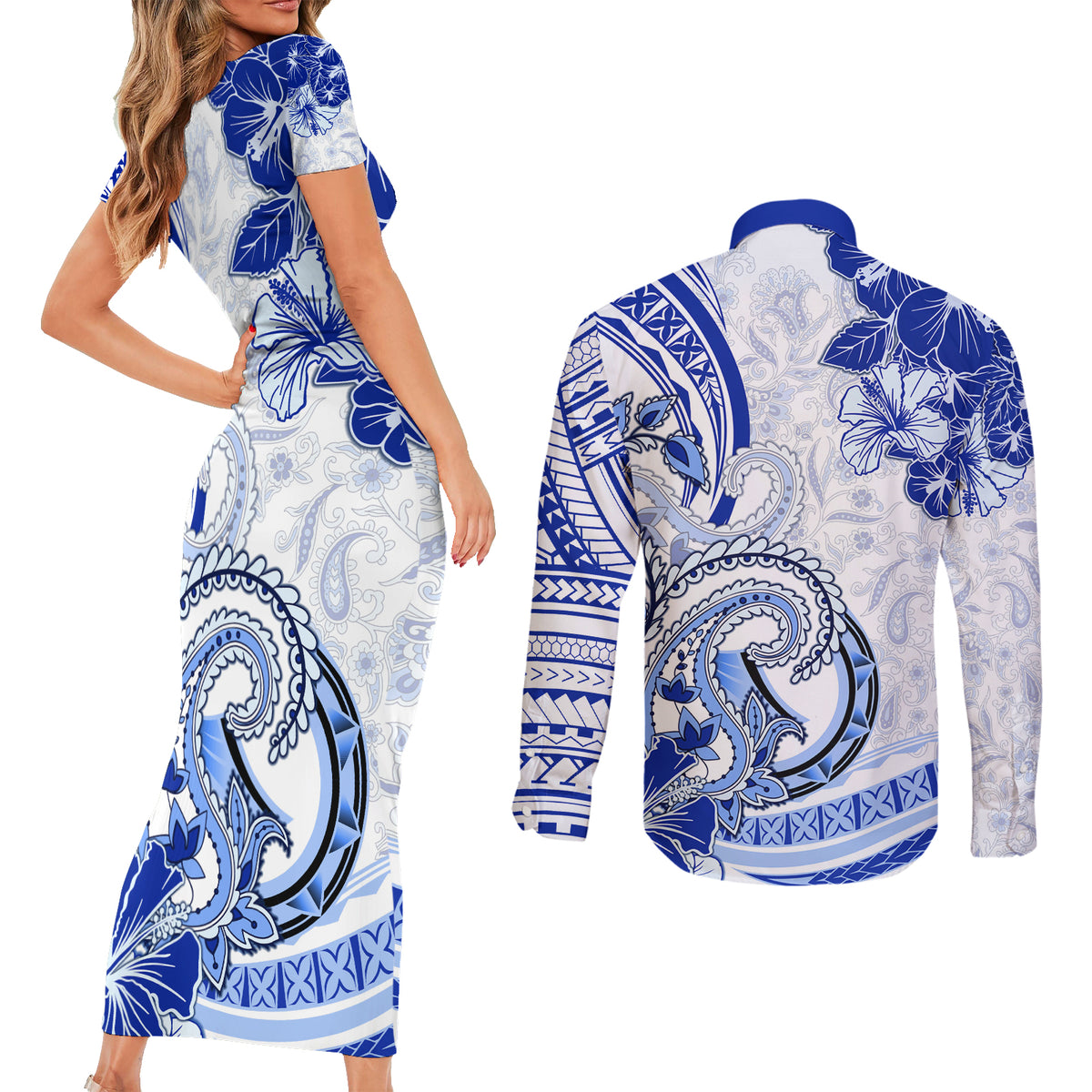 Polynesia Paisley Couples Matching Short Sleeve Bodycon Dress and Long Sleeve Button Shirt Mix Navy Polynesian Pattern LT05 - Polynesian Pride
