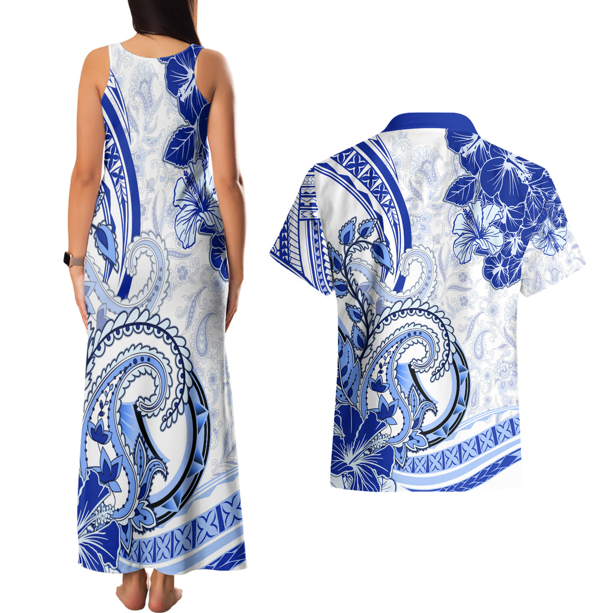 Polynesia Paisley Couples Matching Tank Maxi Dress and Hawaiian Shirt Mix Navy Polynesian Pattern LT05 - Polynesian Pride