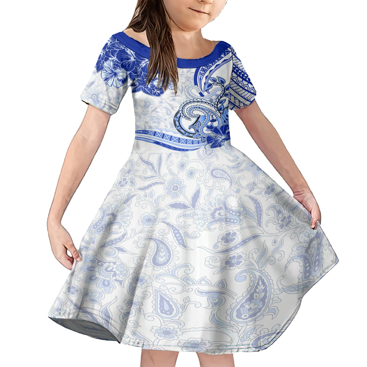Polynesia Paisley Family Matching Off Shoulder Long Sleeve Dress and Hawaiian Shirt Mix Navy Polynesian Pattern LT05 Daughter's Dress Navy - Polynesian Pride
