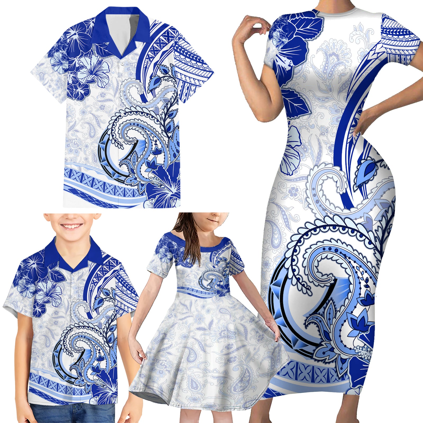 Polynesia Paisley Family Matching Short Sleeve Bodycon Dress and Hawaiian Shirt Mix Navy Polynesian Pattern LT05 - Polynesian Pride