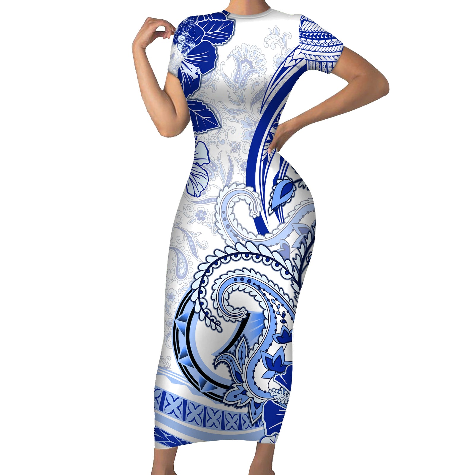 Polynesia Paisley Short Sleeve Bodycon Dress Mix Navy Polynesian Pattern LT05 Long Dress Navy - Polynesian Pride