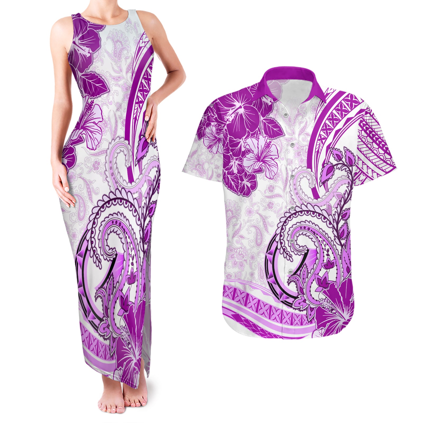 Polynesia Paisley Couples Matching Tank Maxi Dress and Hawaiian Shirt Mix Pink Polynesian Pattern LT05 Pink - Polynesian Pride