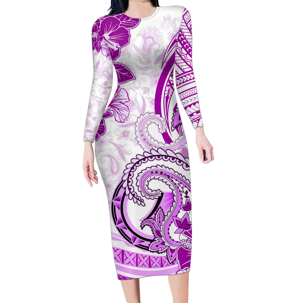 Polynesia Paisley Family Matching Long Sleeve Bodycon Dress and Hawaiian Shirt Mix Pink Polynesian Pattern LT05 Mom's Dress Pink - Polynesian Pride