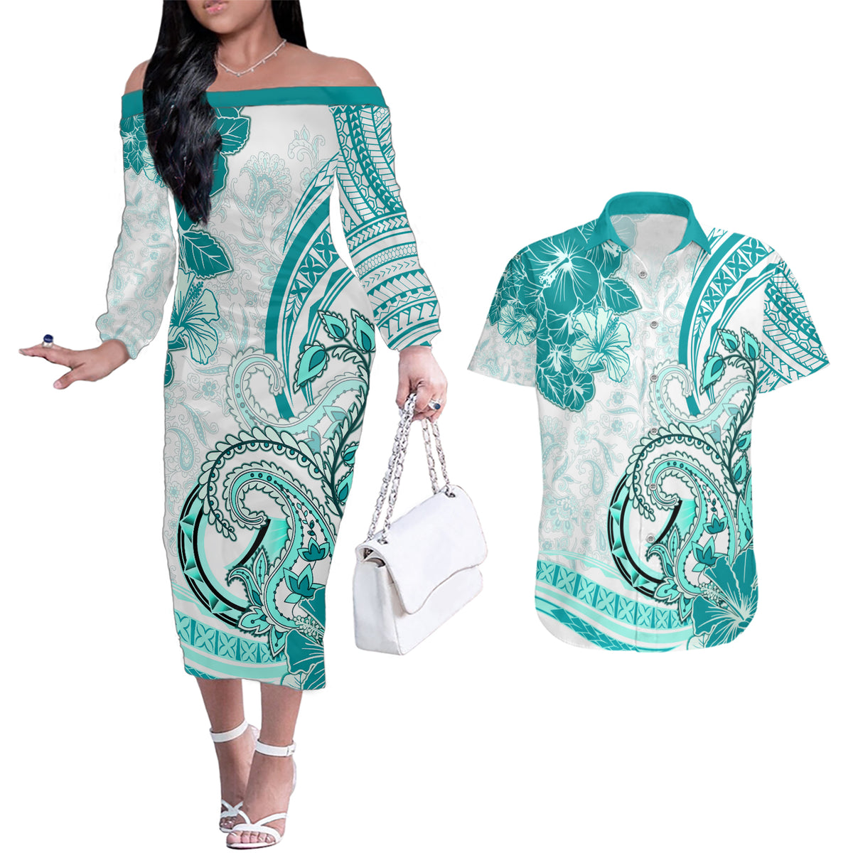 Polynesia Paisley Couples Matching Off The Shoulder Long Sleeve Dress and Hawaiian Shirt Mix Teal Polynesian Pattern LT05 Teal - Polynesian Pride