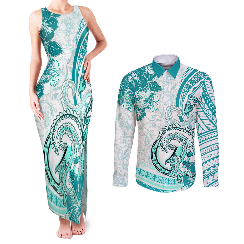 Polynesia Paisley Couples Matching Tank Maxi Dress and Long Sleeve Button Shirt Mix Teal Polynesian Pattern LT05 Teal - Polynesian Pride