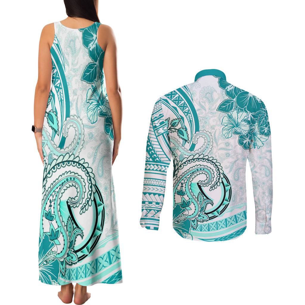 Polynesia Paisley Couples Matching Tank Maxi Dress and Long Sleeve Button Shirt Mix Teal Polynesian Pattern LT05 - Polynesian Pride