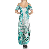 Polynesia Paisley Family Matching Summer Maxi Dress and Hawaiian Shirt Mix Teal Polynesian Pattern LT05 - Polynesian Pride