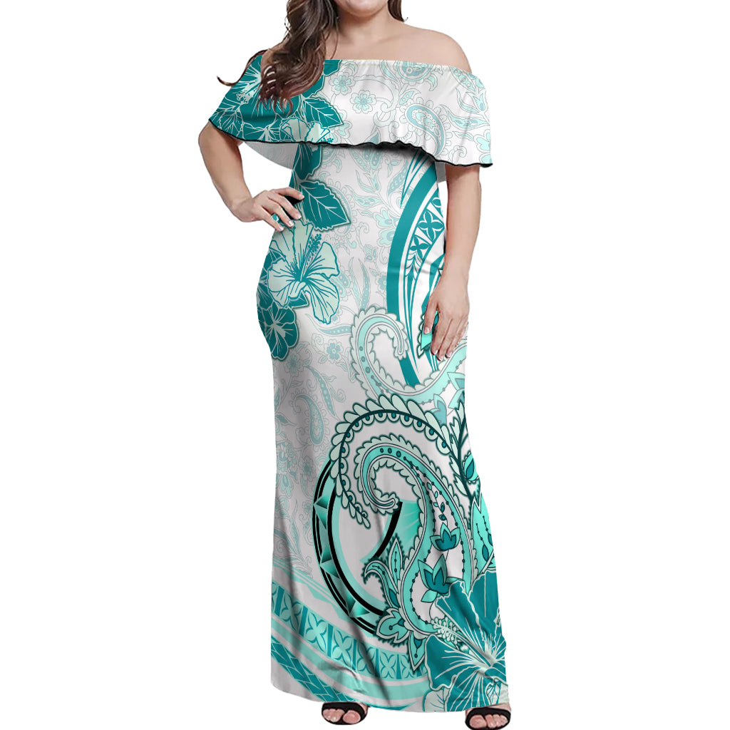 Polynesia Paisley Off Shoulder Maxi Dress Mix Teal Polynesian Pattern LT05 Women Teal - Polynesian Pride