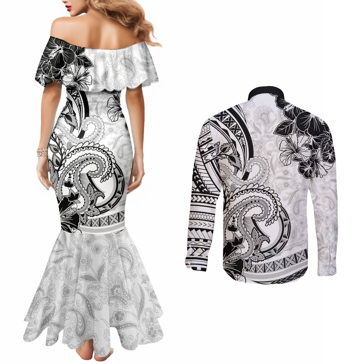 Polynesia Paisley Couples Matching Mermaid Dress and Long Sleeve Button Shirt Mix White Polynesian Pattern LT05 - Polynesian Pride