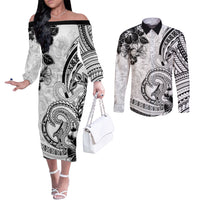 Polynesia Paisley Couples Matching Off The Shoulder Long Sleeve Dress and Long Sleeve Button Shirt Mix White Polynesian Pattern LT05 White - Polynesian Pride