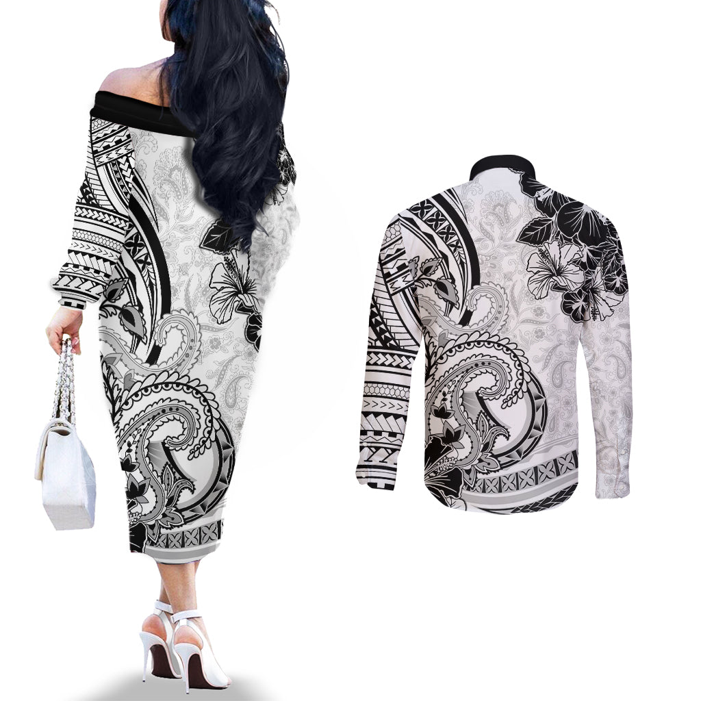 Polynesia Paisley Couples Matching Off The Shoulder Long Sleeve Dress and Long Sleeve Button Shirt Mix White Polynesian Pattern LT05 - Polynesian Pride