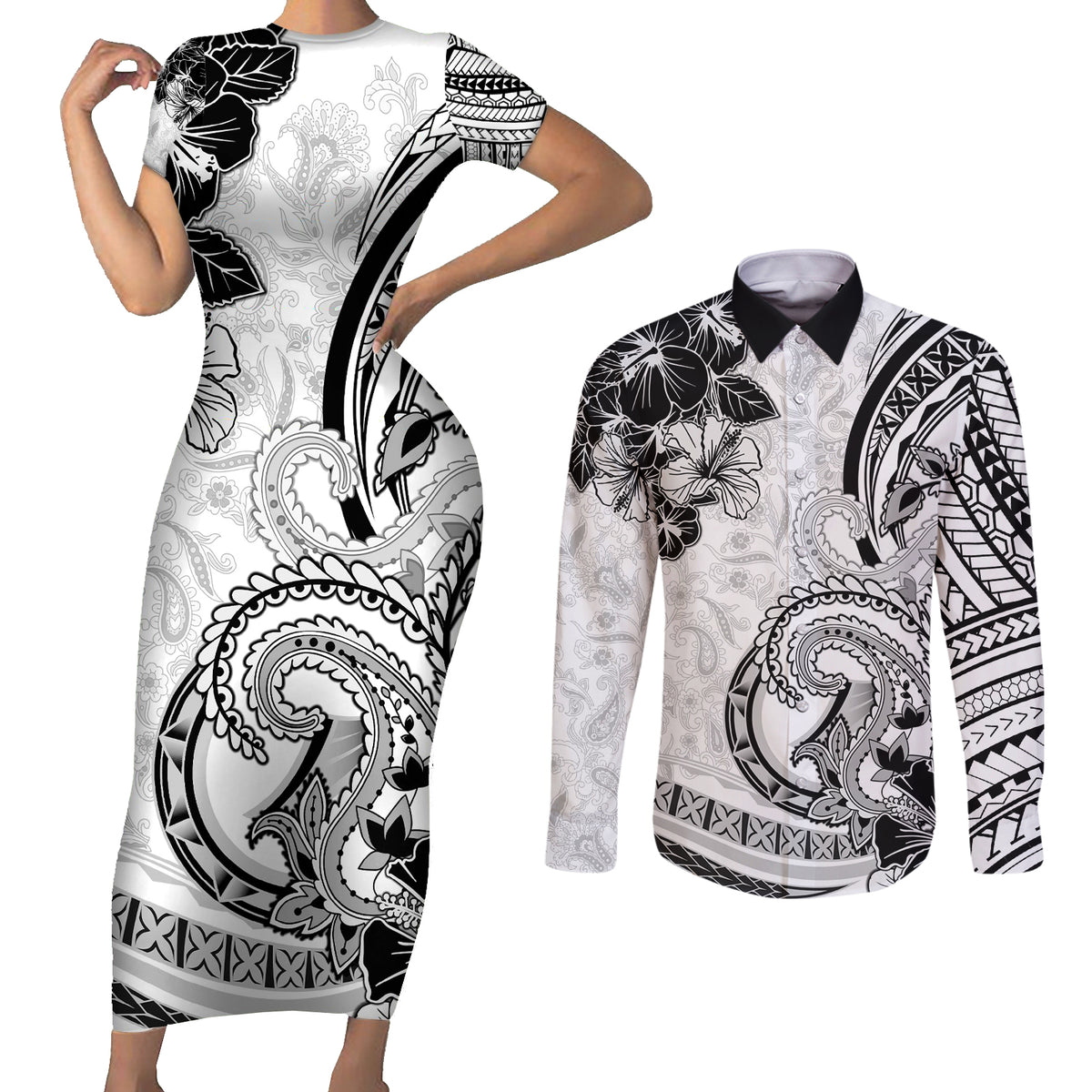 Polynesia Paisley Couples Matching Short Sleeve Bodycon Dress and Long Sleeve Button Shirt Mix White Polynesian Pattern LT05 White - Polynesian Pride