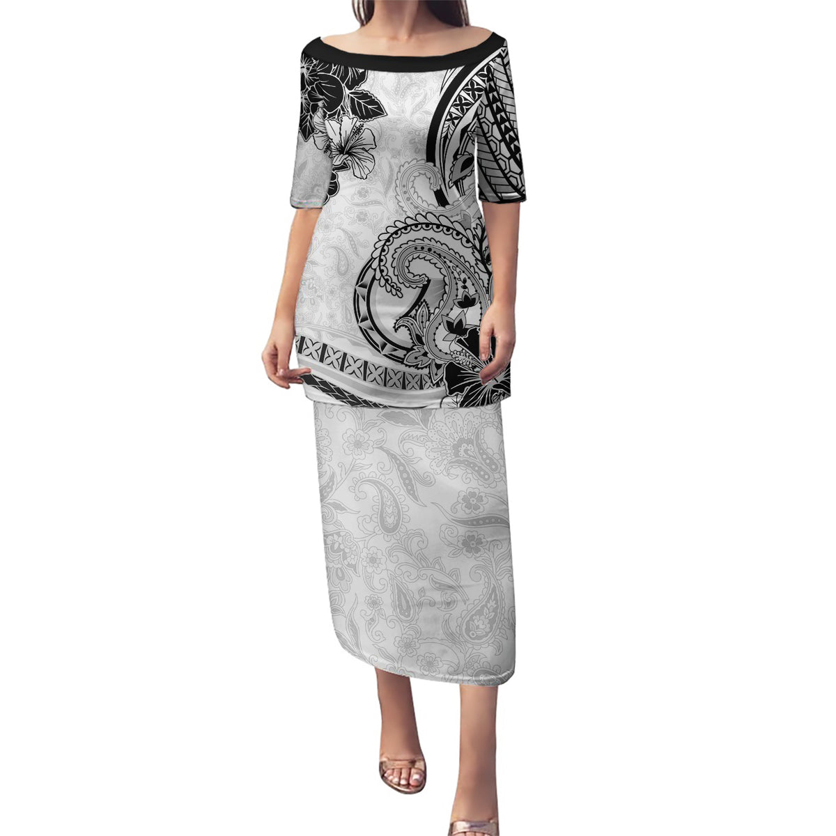 Polynesia Paisley Puletasi Mix White Polynesian Pattern LT05 Long Dress White - Polynesian Pride