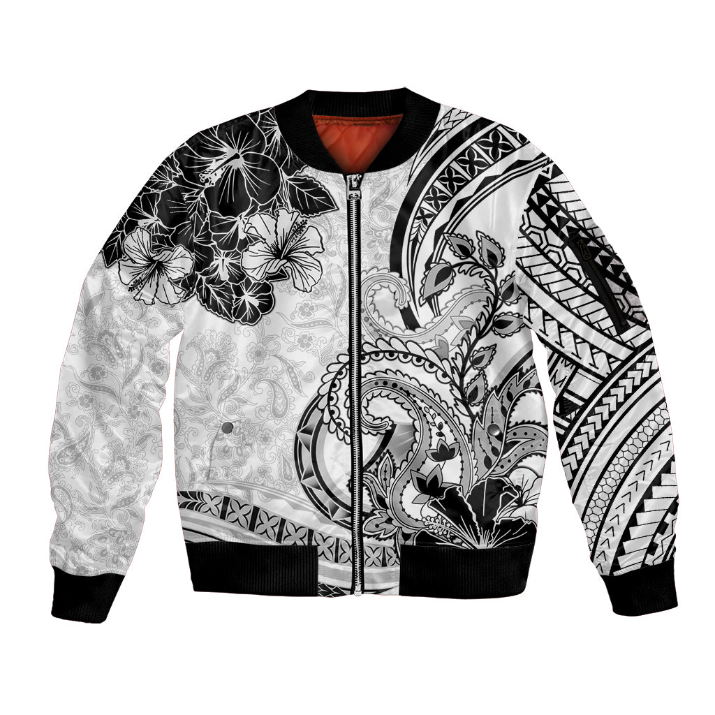 Polynesia Paisley Sleeve Zip Bomber Jacket Mix White Polynesian Pattern LT05 Unisex White - Polynesian Pride