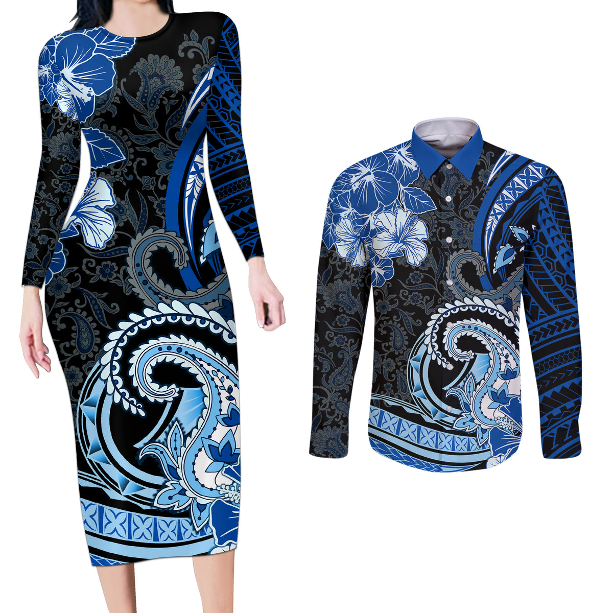 Polynesia Paisley Couples Matching Long Sleeve Bodycon Dress and Long Sleeve Button Shirt Mix Blue Polynesian Pattern LT05 Blue - Polynesian Pride