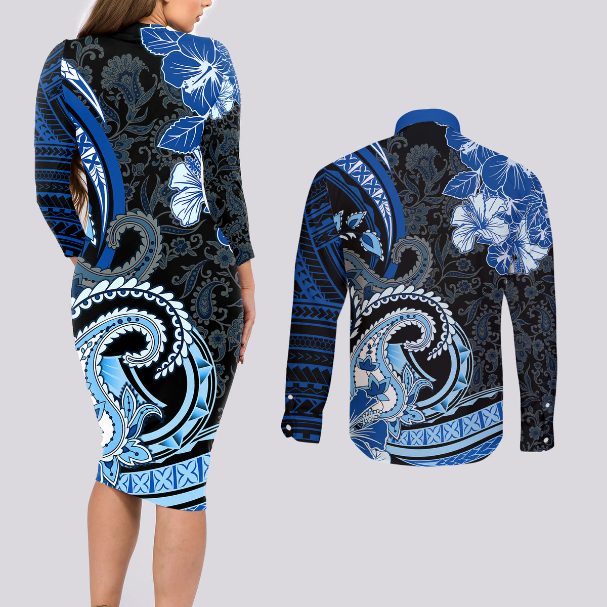 Polynesia Paisley Couples Matching Long Sleeve Bodycon Dress and Long Sleeve Button Shirt Mix Blue Polynesian Pattern LT05 - Polynesian Pride