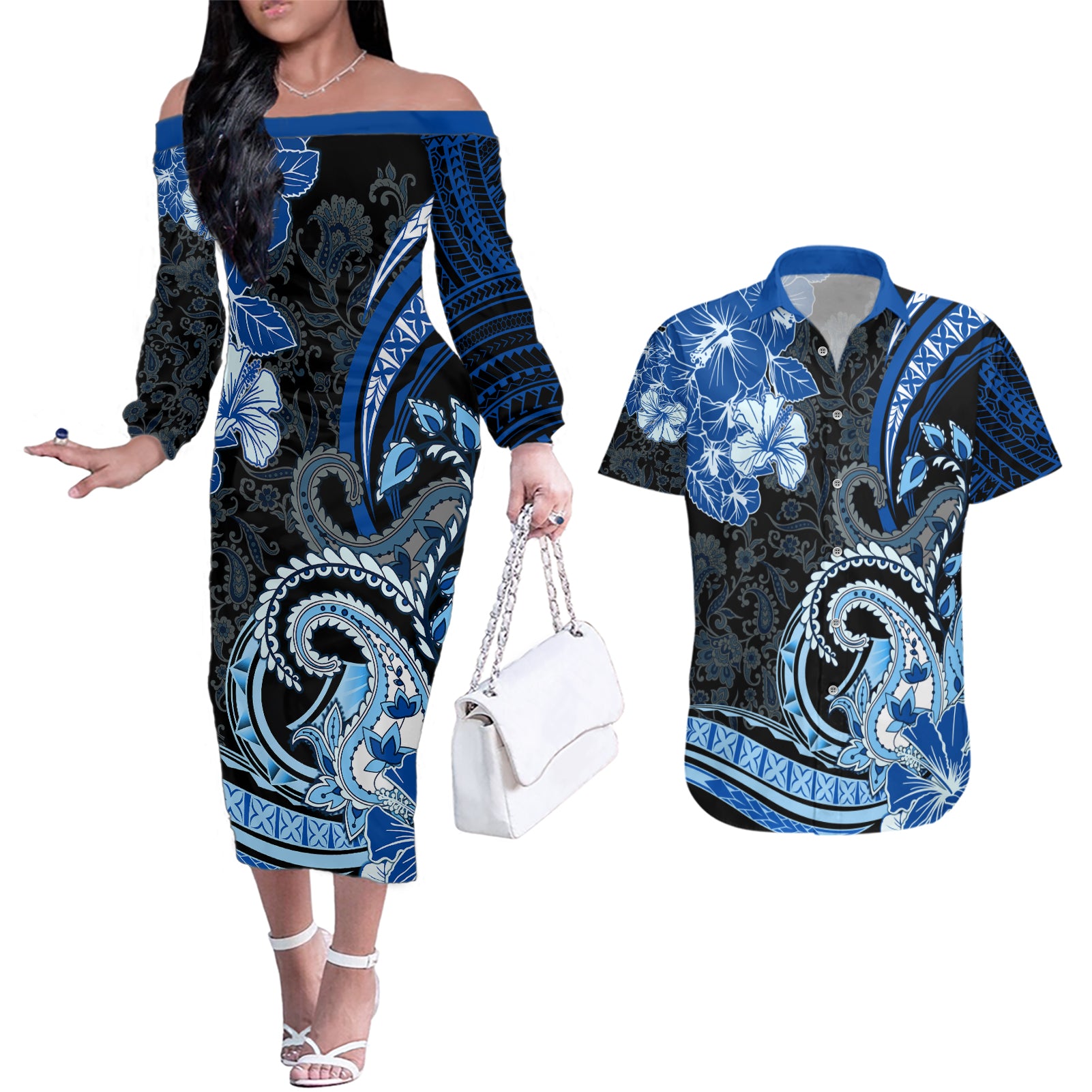 Polynesia Paisley Couples Matching Off The Shoulder Long Sleeve Dress and Hawaiian Shirt Mix Blue Polynesian Pattern LT05 Blue - Polynesian Pride