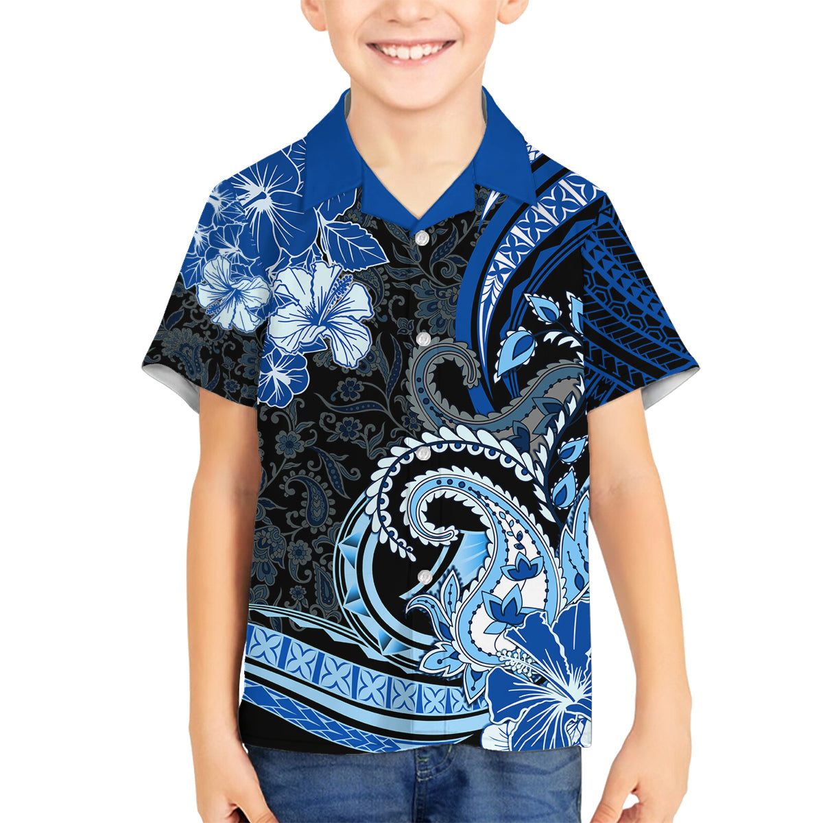 Polynesia Paisley Family Matching Off Shoulder Short Dress and Hawaiian Shirt Mix Blue Polynesian Pattern LT05 Son's Shirt Blue - Polynesian Pride