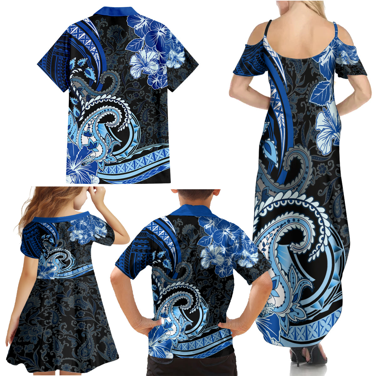 Polynesia Paisley Family Matching Summer Maxi Dress and Hawaiian Shirt Mix Blue Polynesian Pattern LT05 - Polynesian Pride