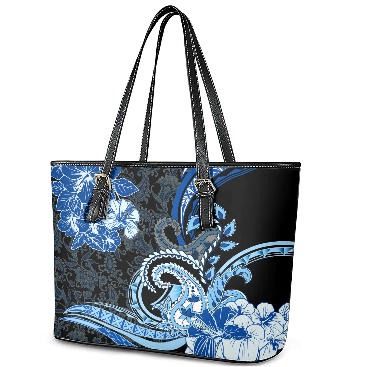 Polynesia Paisley Leather Tote Bag Mix Blue Polynesian Pattern